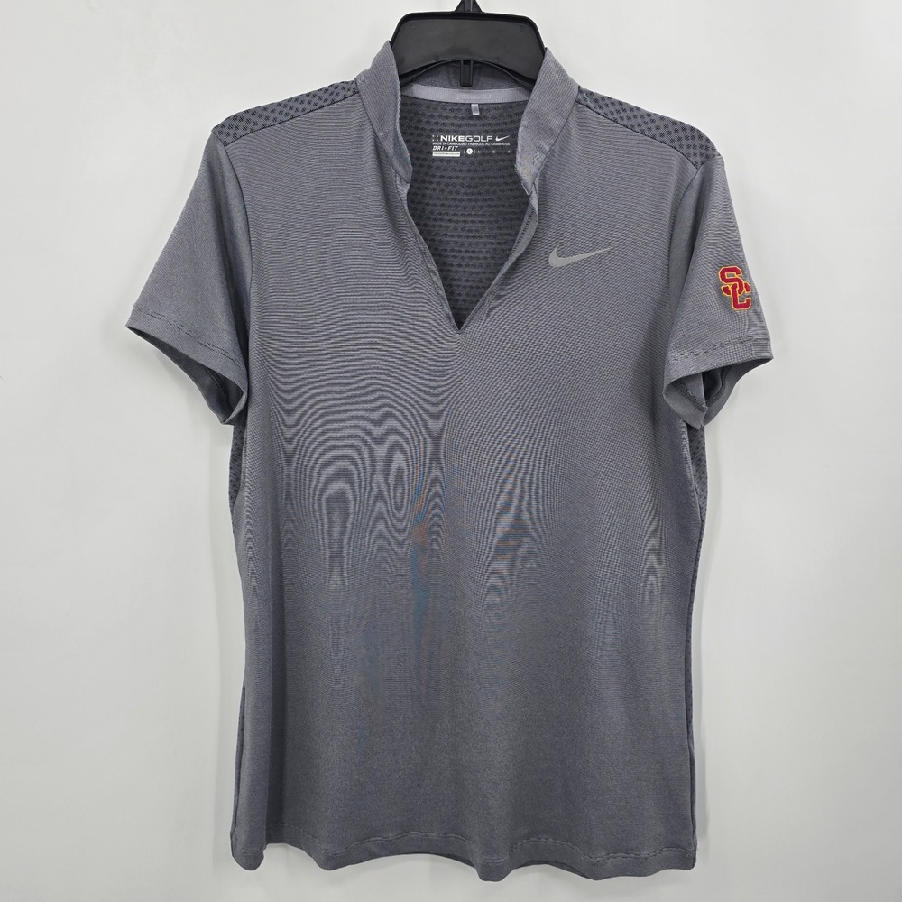 Nike Golf USC Trojans Grey Dri-FIT V-Neck Polo Shirt Womens Large L Micro Stripe